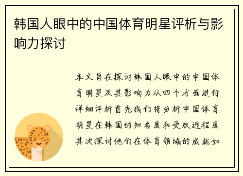 韩国人眼中的中国体育明星评析与影响力探讨